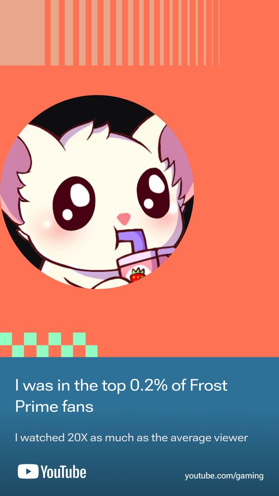 YouTube gaming recap screenshot. Says I was in the top 0.2% of Frost Prime viewers, and that I watched 20x as much as the average viewer
