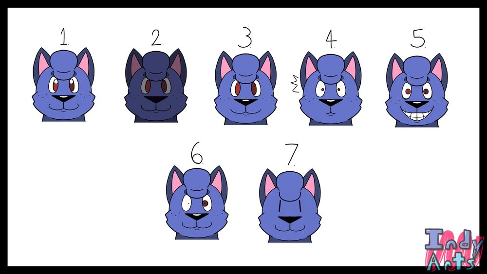A style guide for pupils to use for certain situations or expressions. There are seven examples in all, each using the face of a blue anthro dog as a base.
The first is a regular, smiling expression, with white highlights at the top of his ovular irises. The second is that same face in the dark, with the highlights in his irises and nose gone. The third is a regularly-shaded face, but without eye highlights and a dull smile. The fourth is a shocked face with small, circular irises. The fifth is a manic grin with circular irises and visible pupils. The sixth is a smile with a dot for one pupil and a circular iris for another. The seventh is a simplified depiction of the dog, with lines for eyes.