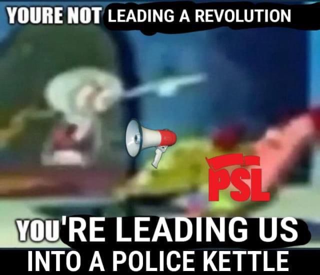 Blurry Spongebob meme with Squidward yelling at Patrick

text reads: "You're not leading a revolution, you're leading us into a police kettle" with a PSL logo