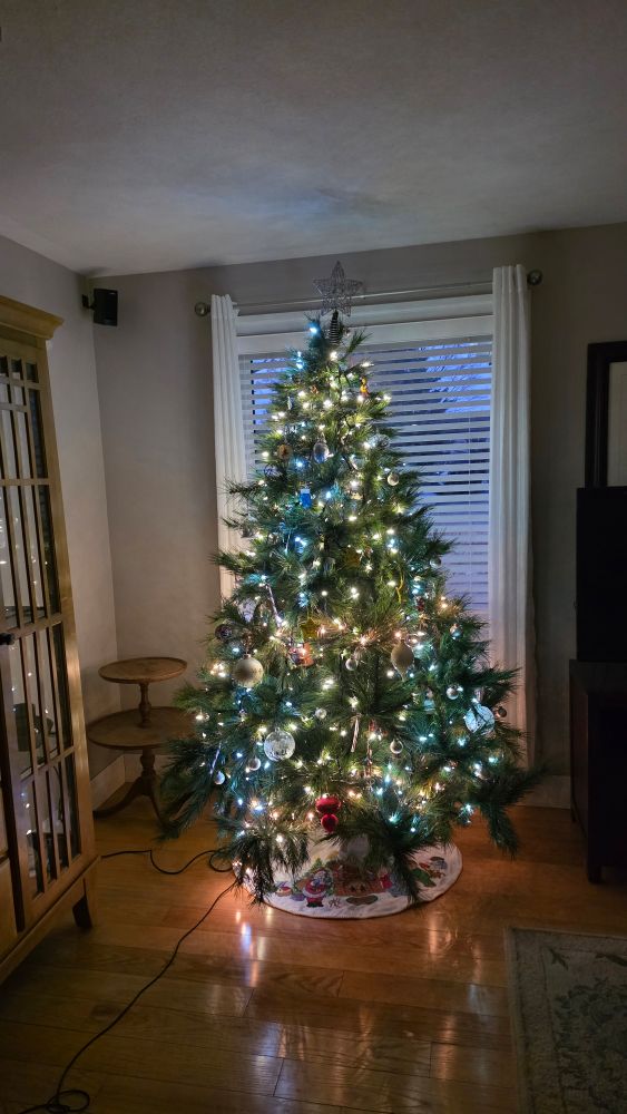 Christmas tree in front of a window with decorations and blue/white lights