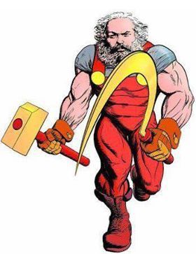 Super Karl Marx- he is incredibly jacked with comic book muscles with a large hammer and sickle in hand 