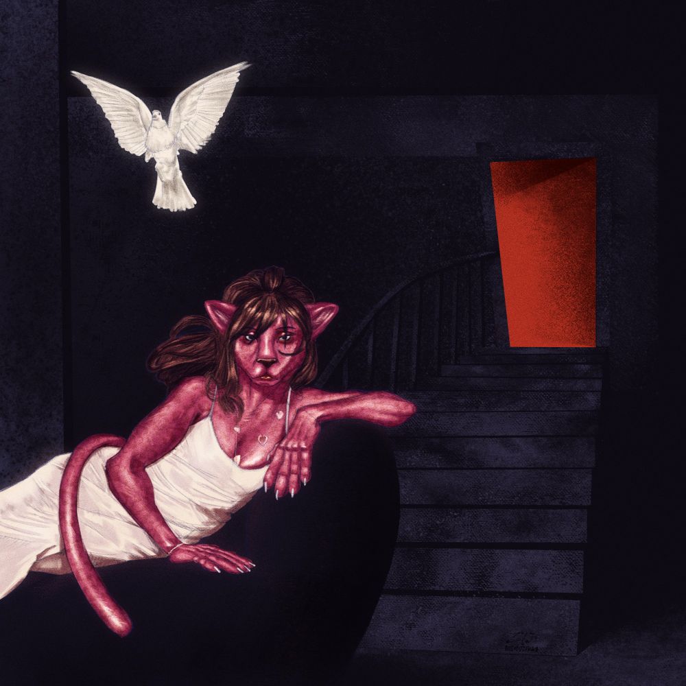 Parody Illustration of PinkPantheress album, Heaven Knows, where PinkPantheress is drawn as an anthro pink panther.