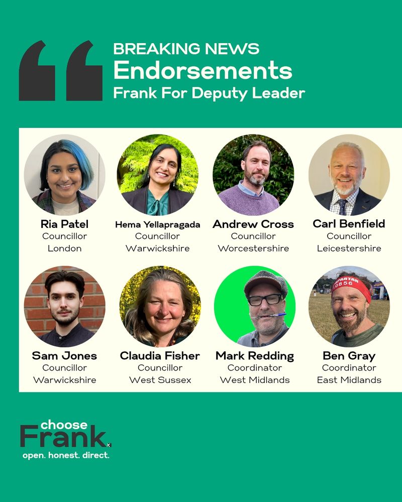 Endorsements from Councillors Ria Patel, Hema Yellapragada, Andrew Cross, Carl Benfield, Sam Jones and Claudia Fisher. Alongside endorsements from West Midlands Chair Mark Redding and East Midlands Chair Ben Gray.