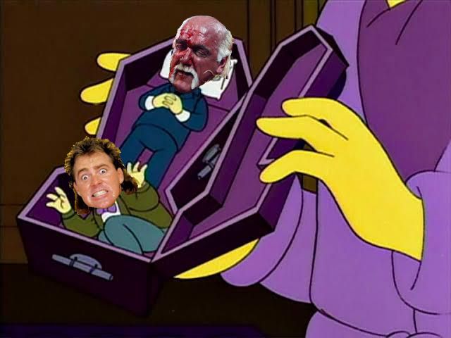 The Burns/Smithers coffin gag from The Simpsons, with a bloodied Hogan in Burns’ place and a frightened-looking Brutus Beefcake in Smithers’ place