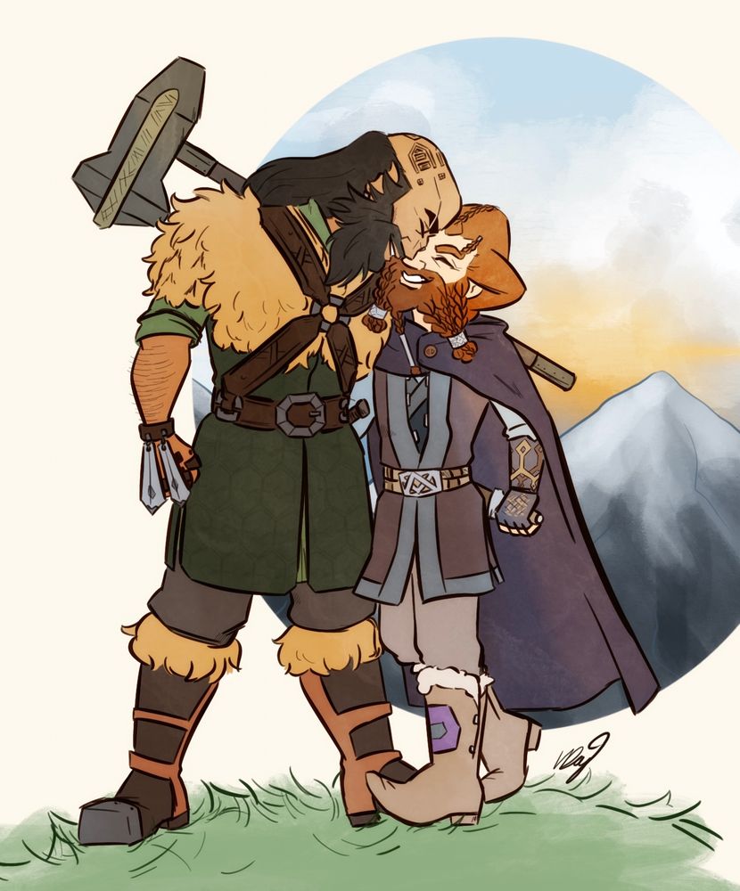 Colour illustration of Dwalin and Nori. They are smiling, Nori is stepping towards Dwalin and is sheathing a knife in his back belt, Dwalin has his hammer on his shoulder. They are pressing their foreheads together, behind them a round shape shows a view on sunrise above mountains
