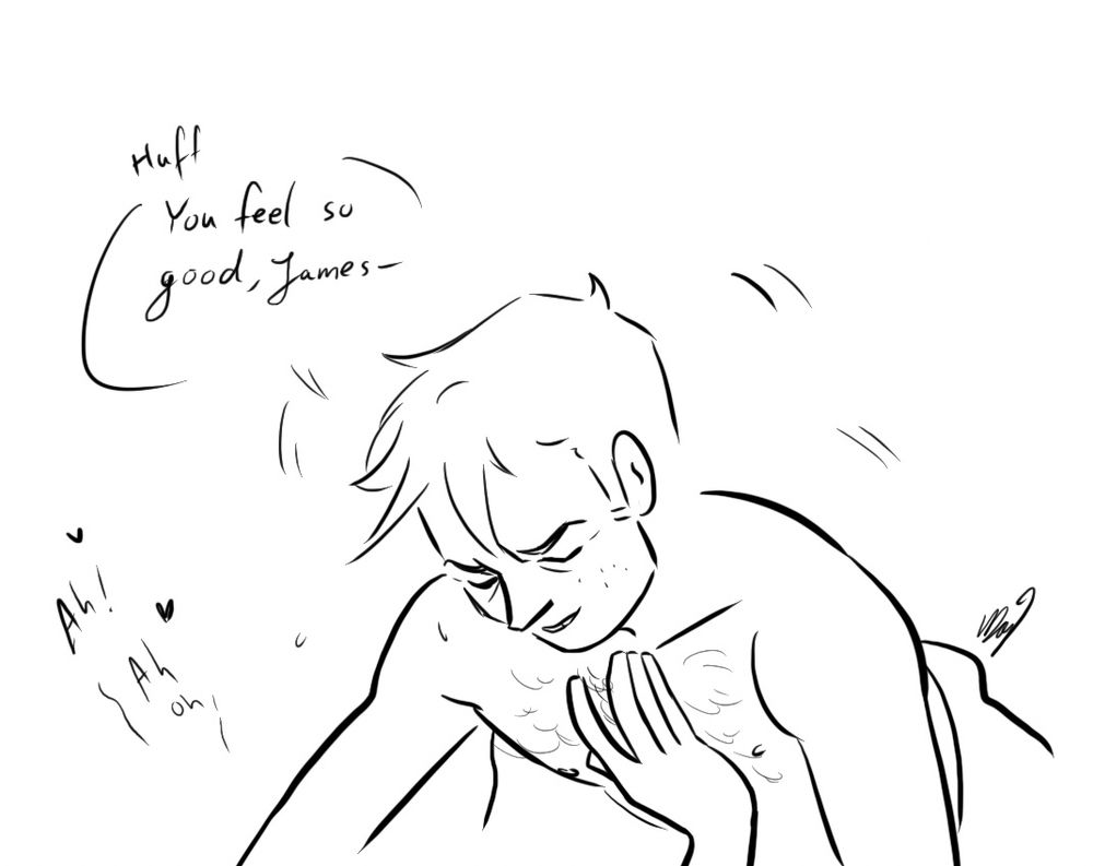 Comic panel of Francis. He is seen from about the waist up, eyes closed and thrusting, a hand is braced against his chest from off screen. Little hearts and moans are coming from off screen, Francis is saying “huff, you feel so good, James-“