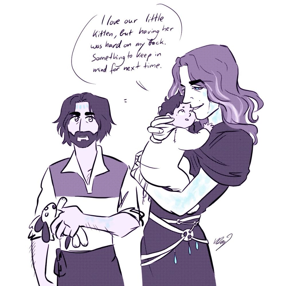 A dark purple monochrome cartoon of Jayce and Viktor post canon. Viktor is wearing a robe and holding a baby that’s looking up at him, while Jayce is watching them with a toy dog in his hand
Viktor is saying “I love our little kitten, but having her was hard on my back. Something to keep in mind for next time.”