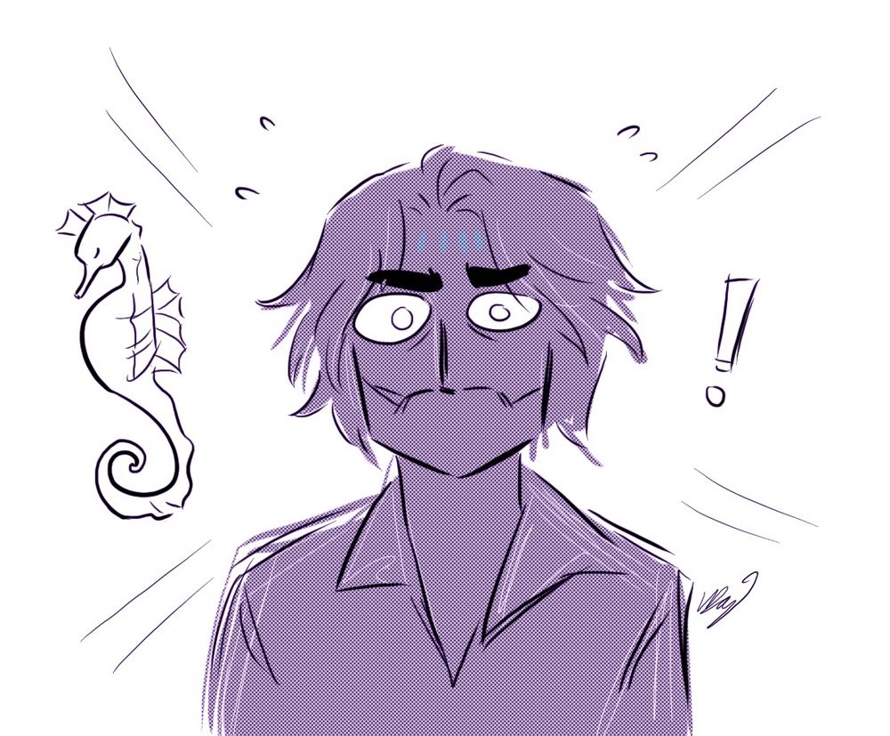 A panel of Jayce looking startled and trembling. Next to him is a sketched seahorse and exclamation point
