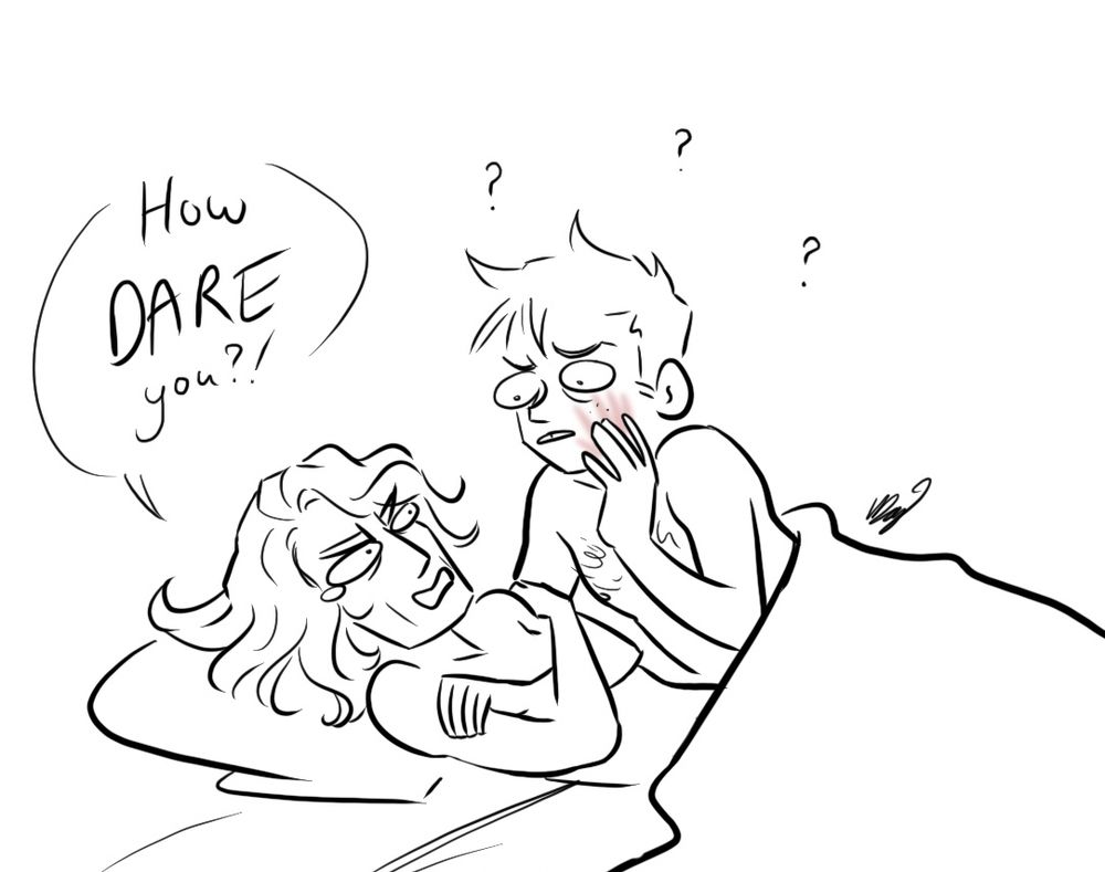 Francis and James lying in bed, Francis braced over James, who has his arms crossed and looks angry, a tear in his eyes. Francis looks confused and holds a hand to a red mark on his cheek. James is saying “how DARE you?” while question marks float around Francis’ head