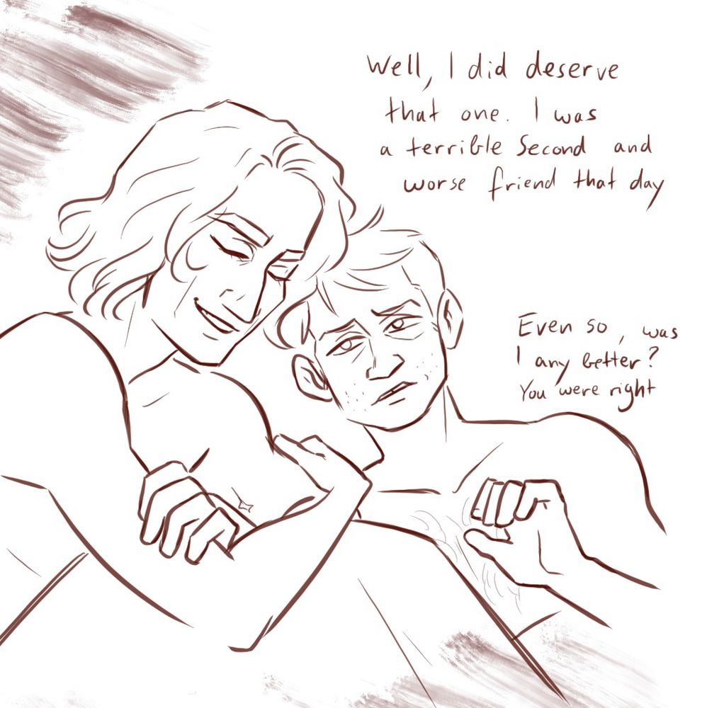 James is smiling and relaxed, Francis is looking at him with slight concern and a raised hand. The dialogue reads “well, I did deserve that one. I was a terrible Second and worse friend that day.” “Even so, was I any better? You were right”