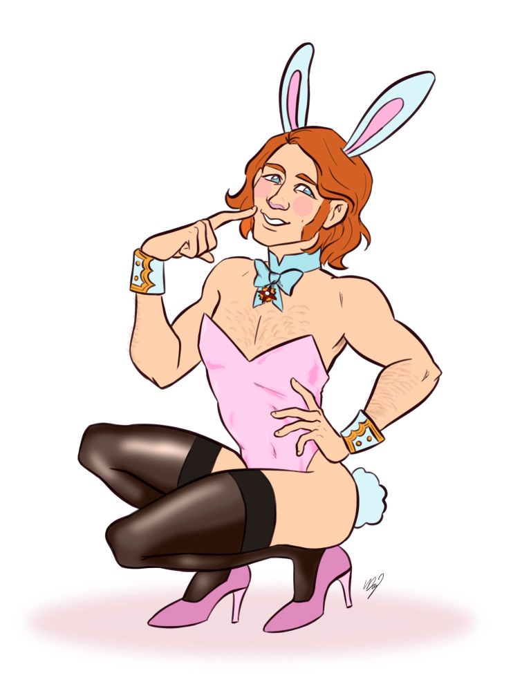 Colour illustration of James Clark Ross. He is wearing a pink playbunny suit, with a white cotton tail and white bunny ears on his head, as well as stockings and pink high heels. He has one hand braced against his hip and one pointing playfully at his cheek
