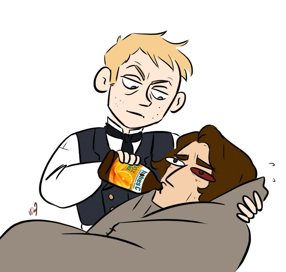 Cartoon drawing of Francis and James. James is bundled up in a greyish blanket, he has cuts and a blood-shoot eye and looks somewhat nervous. Francis is looking down at him, one hand supporting James’ head, the other holding a bottle of high C orange juice for James to drink