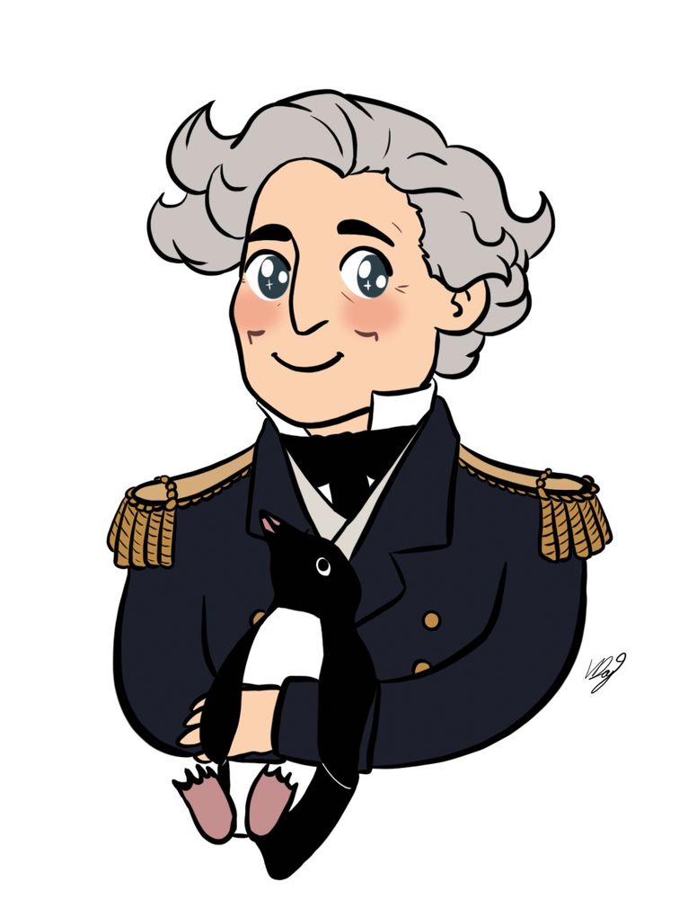 A cartoon image of James Clark Ross from the waist up. He is smiling and holding a penguin in his arms, which is glancing up at him. He is wearing epaulettes and has voluminous grey curly hair
