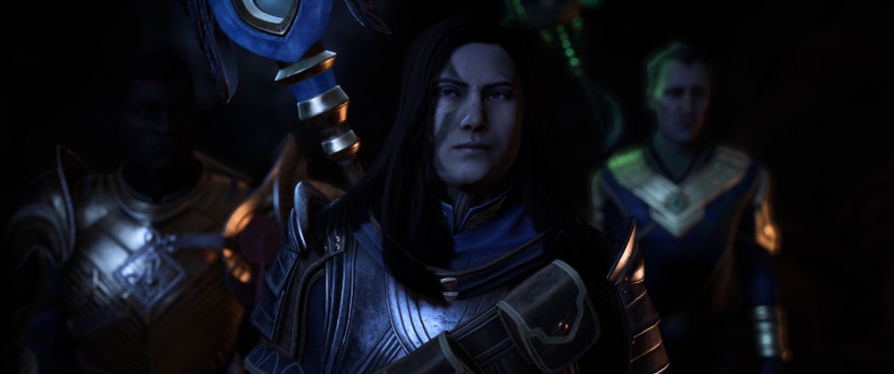 the player character, rook, with davrin and emmrich in the background.