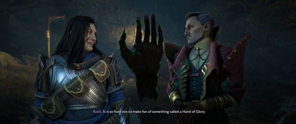 the player character, rook, talking with emmrich.