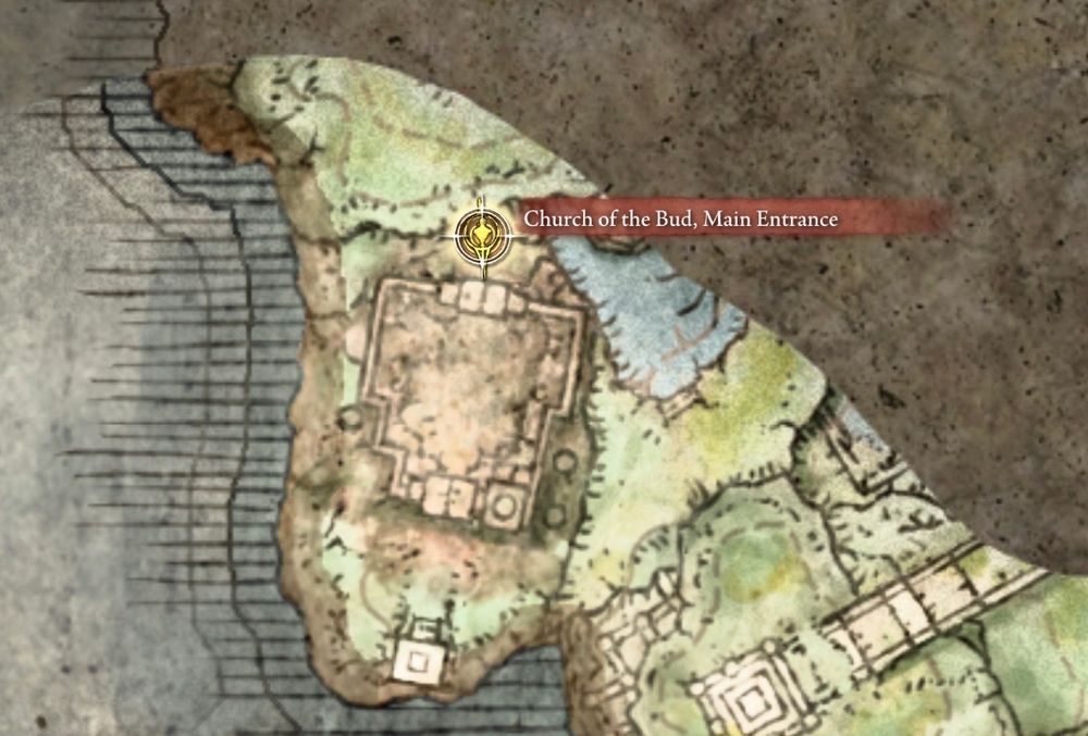 Map screen from Elden Ring highlighting Church of the Bud, Main Entrance.