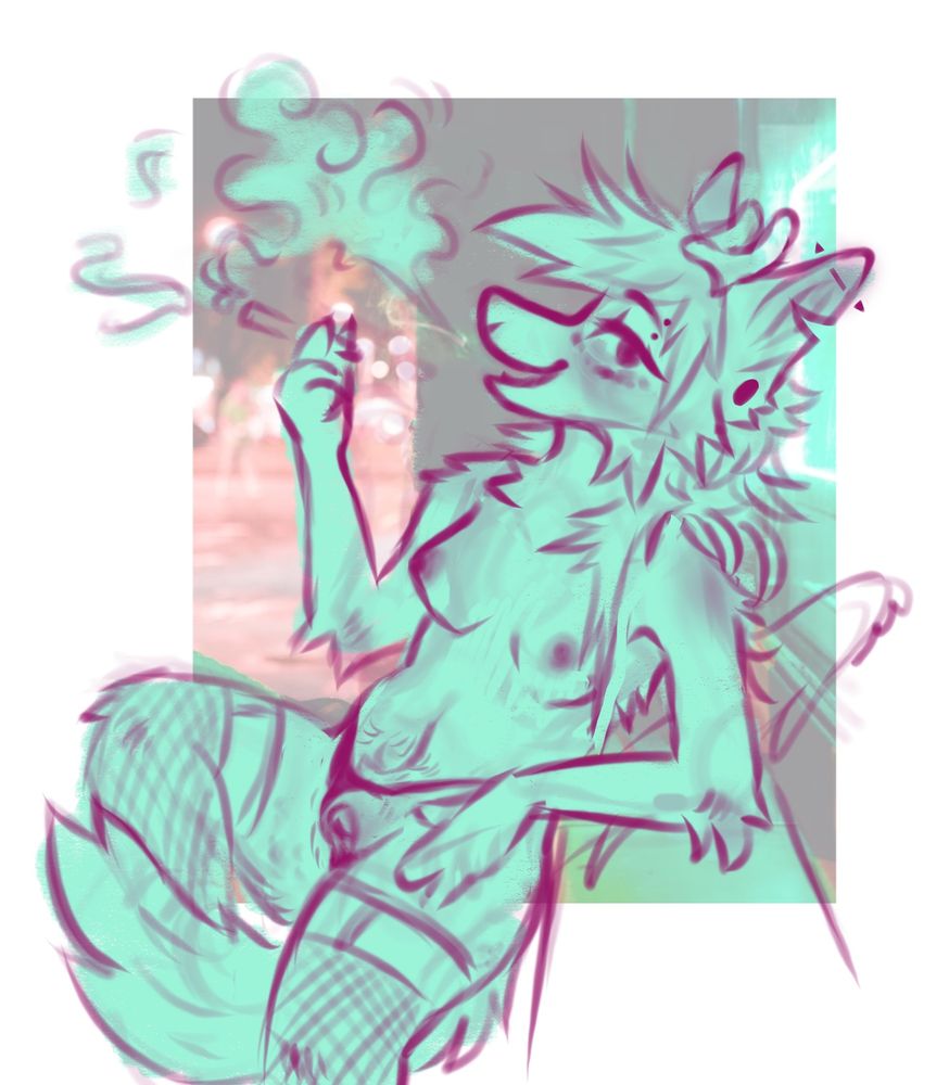 Sketch of a nude anthro wolf character leaning against a city alleyway wall. They are holding a joint, exhaling smoke. They are wearing fishnets and a thong, which is pulled back to reveal a t-dick.