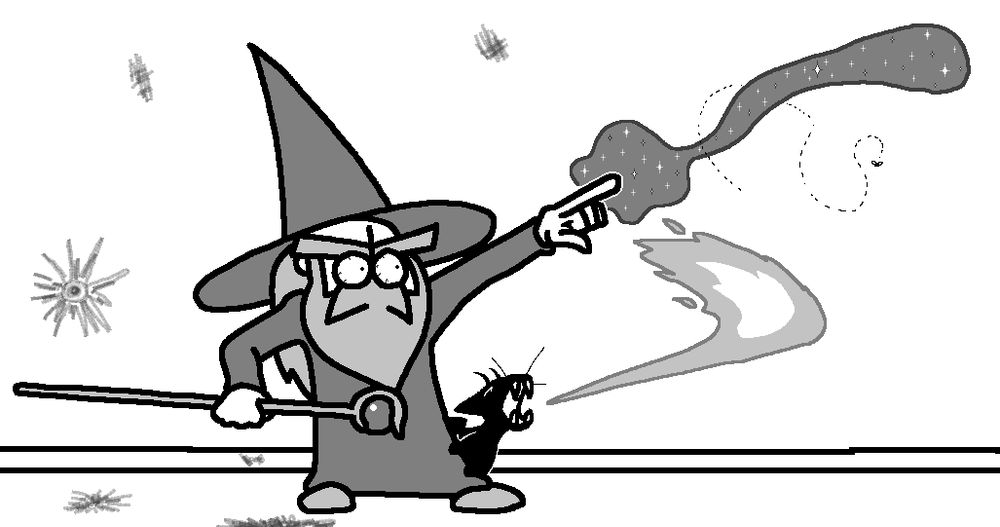 An infuriated wizard is unleashing a blast of magic at a particularly annoying housefly. The familiar joins him in this effort with a gout of fire from its breath. The fly effortlessly jukes both of these.
On the floor and walls behind them are several scorch marks.