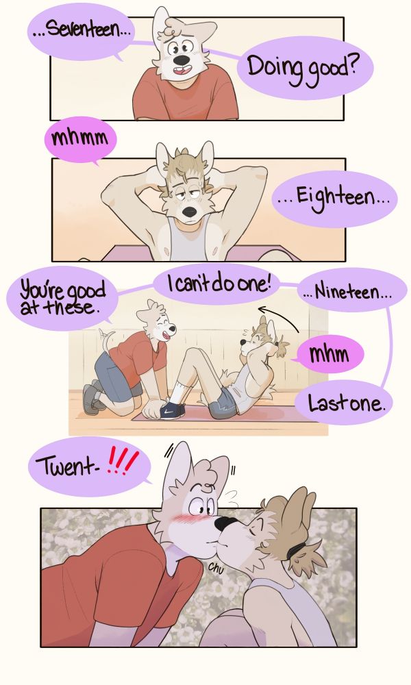 Comic of kevin and dexter. First panel shows Dexter looking down asking if kevin is doing goof while  saying "17". Second panel is Kevin confirming he's OK. Third panel is dex lamenting that he can't do even one while counting up to twenty. Final panel is Kevin doing last sit-up to a kiss.