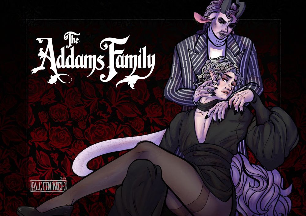 Original female character named Cerese and Astarion from Baldurs Gate 3 dressed up for Halloween as Morticia and Gomez Addams. With Cerese being Gomez in the striped suit  and silly drawn moustache on her face and goth makeup, when Astarion is in the black dress, stockings and high heels pretending to be Morticia.