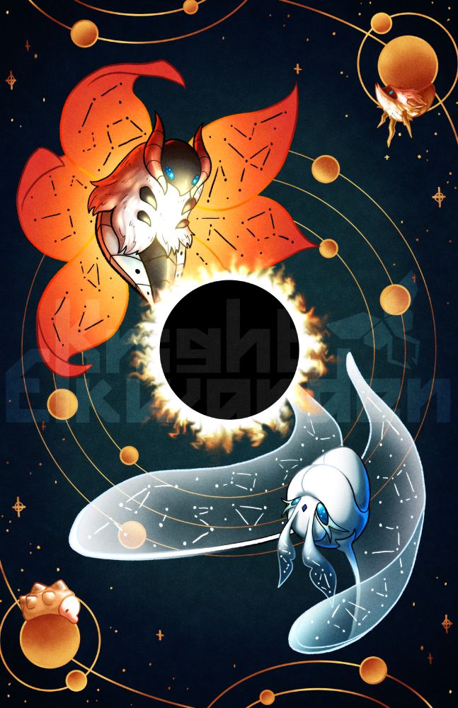 Art of the pokemon Volcarona and Frosmoth. The piece is meant to be able to be looked at both right side up and upside down. Volcarona and Frosmoth are on opposite sides of an eclipse in the center of the piece. Golden planets and their orbits frame the image, as well as golden stars. A Snom and Larvesta are on opposite corners of the image, both colored gold.