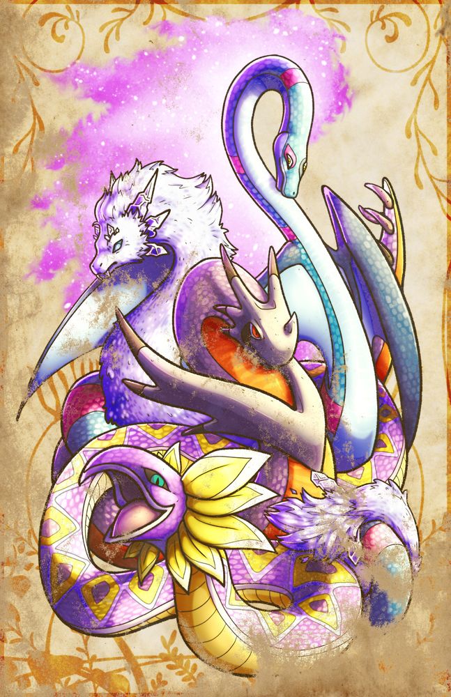 Four snakes coiled together. The one most on front is mainly purple with yellow accent. It has an opened hooked beak-like mouth and a frill of yellow feathers behind its head. It's back is purple with yellow diamond patterns and has a yellow ridged belly. The second snake is mainly dark purple with a bright orange underbelly. It's head is armored, splitting into three backward facing horns on either side of its head. It also possesses a small nose horn. The end of it's tail is visible in the back, and sports a thagomizer. Third from the front is a white, fluffy snake. It has a mammal-like snout with short saber teet protruding from its mouth. On it's brow, behind it's head and on either side of its tail are purple ice crystals. The last snake is a blue python-like creature with purple bands and a light blue underbelly. It's head is in profile, making it clear that it has a third eye in the center of its forehead. It sports a pair of leathery wings and a pink aurora emerges from the entire lenght of the spine along the neck. There are floral patterns in the background, and an effect has been placed over the image making it look like some parts are chipped or weathered off. 