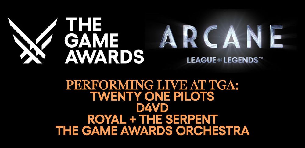 The Game Awards graphic lists live performances, including Twenty One Pilots, d4vd, Royal & the Serpent, and The Game Awards Orchestra