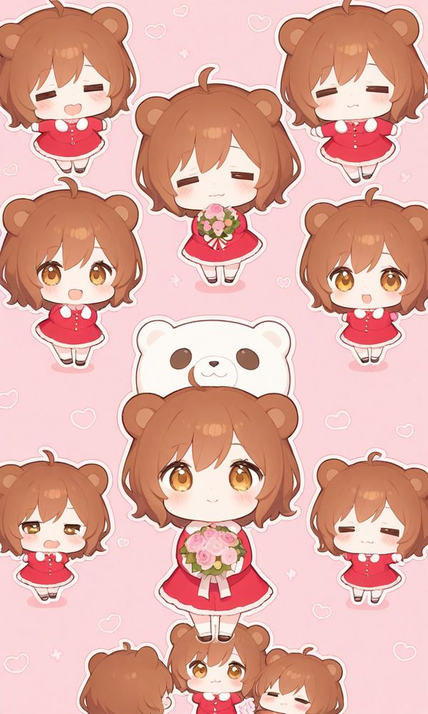 分身の術！ 赤いワンピースのくま耳少女がいっぱいになっています。