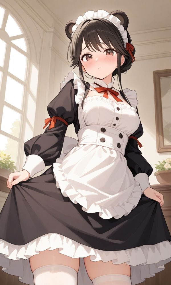 エドワード調のメイド服を着たくま耳メイドがカーテシーの練習をしています