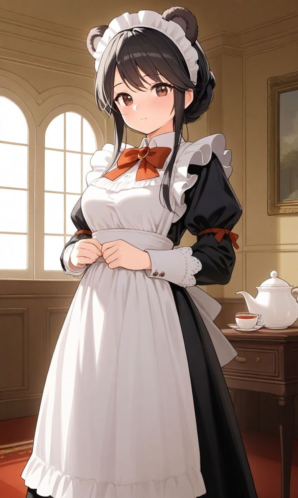 エドワード調のメイド服を着たくま耳メイドがお茶の準備を終えて心配そうにしています。