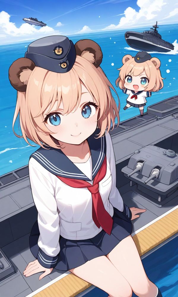 海軍帽にセーラー服のくま耳娘が戦艦とともに準備完了しています