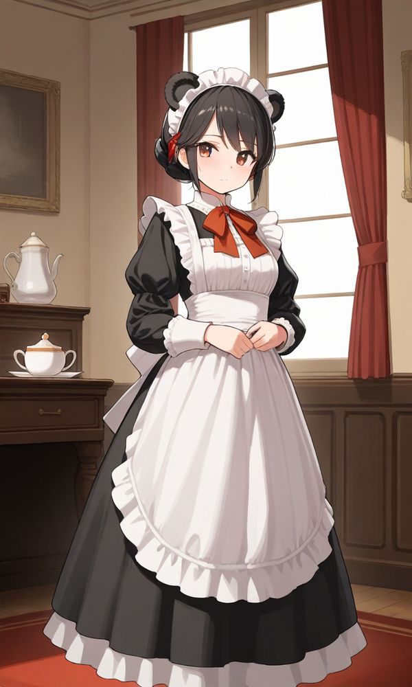 エドワード調のメイド服を着たくま耳メイドがお茶の準備をしてお待ちしています