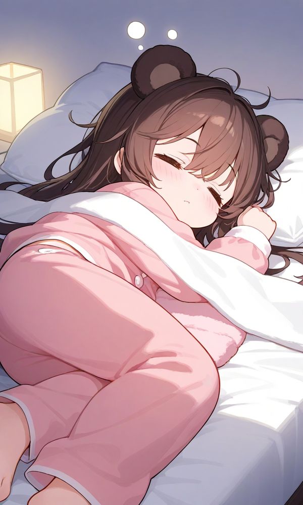 ピンクのパジャマを着た超ロングヘアのくま耳っ子が気持ちよさそうに寝ています