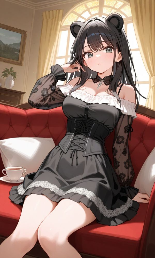 黒のワンピースのくま娘がお茶でくつろいでいます。