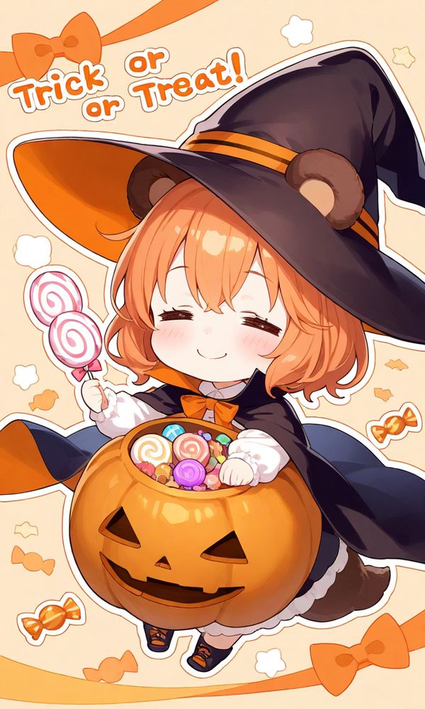 魔女の衣装のくま耳っ子がハロウィンを祝っています