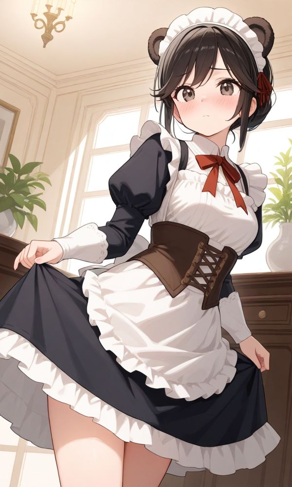 エドワード調のメイド服を着たくま耳メイドがスカートのすそを両手でつまんで立っています