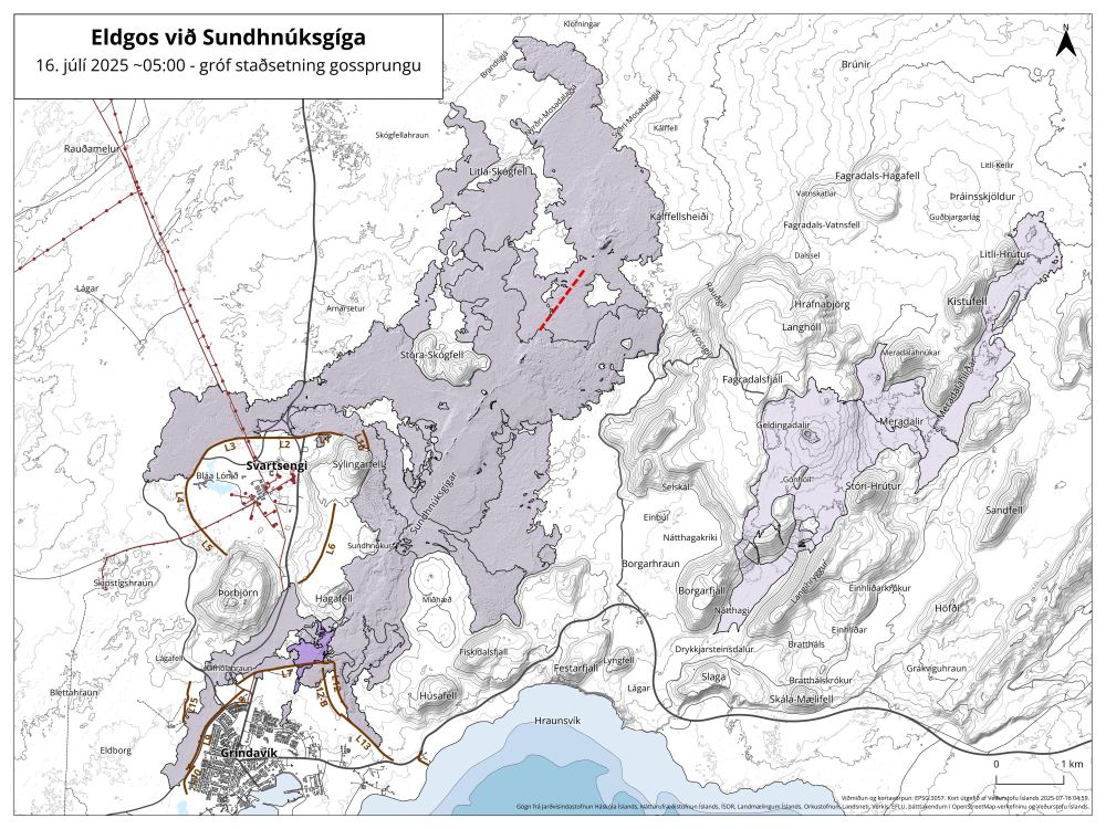 A map of the southern central Reykjanes Peninsula, Iceland. A dotted bright red line shows the current active eruptive fissure. Darker red lines show guard walls meant to keep lava away from infrastructure. Darker gray shading shows all of the lava that has erupted out of the Sundhnúksgígar fissure in the 9 eruptions since December 2023; the purple shading shows the lava from previous (April 2025) eruption. To the east, shaded in lighter gray, are the lava flows from the three Fagradalsfjall eruptions in 2021-2023.