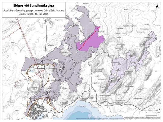 A map of the southern central Reykjanes Peninsula, Iceland. Bright red lines mark the currently active eruptive fissures. Darker red lines show guard walls meant to keep lava away from infrastructure. Lava flows from this current eruption are shaded purple; the flows are mostly moving eastward, away from roads and infrastructure. Darker gray shading shows all of the lava that has erupted out of the Sundhnúksgígar fissure in the 9 eruptions since December 2023.
To the east, shaded in lighter gray, are the lava flows from the three Fagradalsfjall eruptions in 2021-2023.