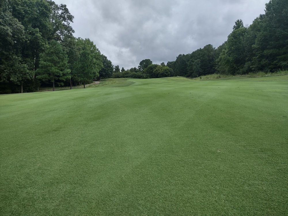 A golf course fairway with lightly striped lines