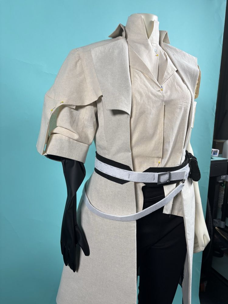 WIP of a commissioned costume for Lune of Expedition 33, tailored to our clients measurements. Makes use of custom fabrics. Designed and made in Canada by Dangerous Ladies 