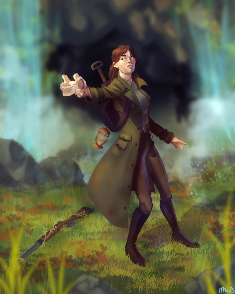 A graverobber standing at the mouth of a cave holding a jawbone like a pistol. Art by Marten Norr! 