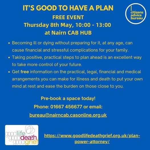 Visit us on Thursday the 8th May, 10 am to 1pm to get free information on practical, legal and financial and medical arrangements you can make for illness and death to put your own mind at rest and ease the burden on those close to you.

