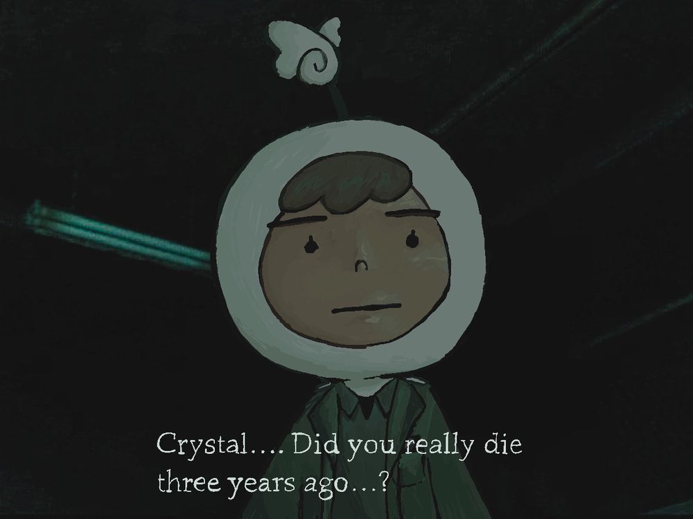 a screenshot redraw from silent hill 2 with the text: crystal.. did you really die three years ago...? but with the protagonist from one of the denpa men games on the 3ds instead of the guy from silent hill 2