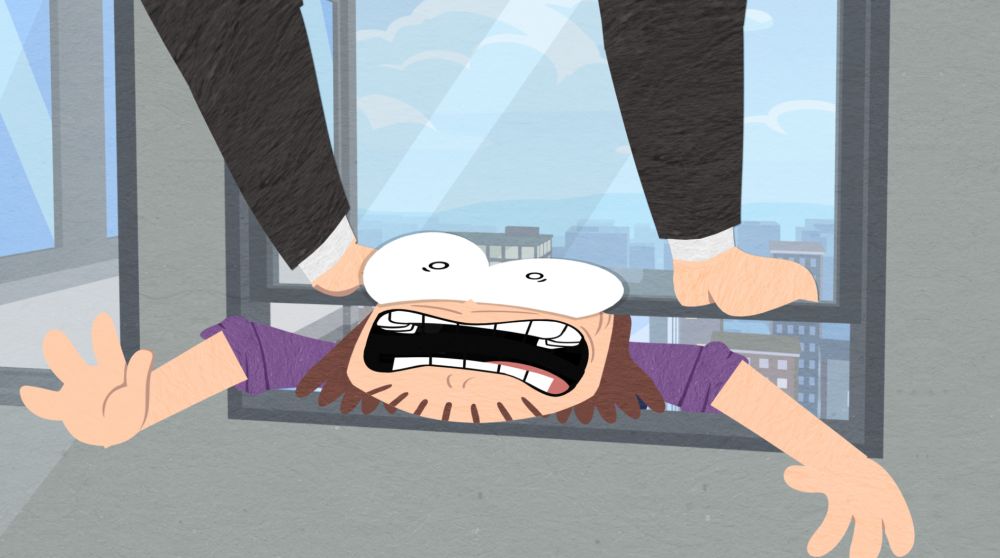 Guy Business slamming the window shut on Suction Cup Man's head.