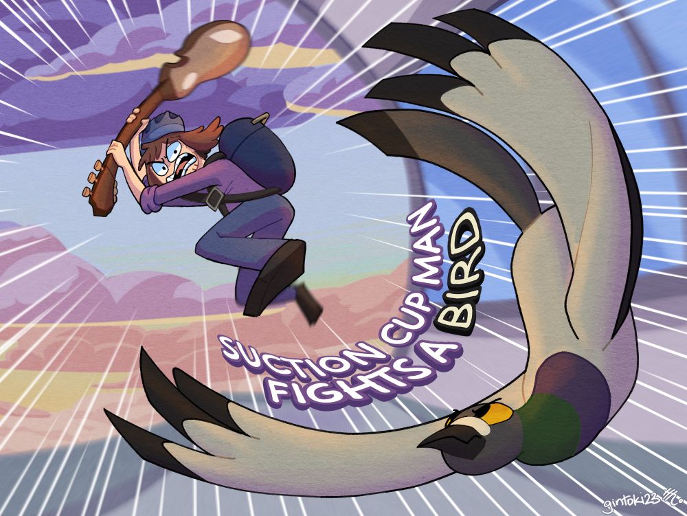 Art of Suction Cup Man about to swing a guitar at a pigeon who is dodging. Text that says "Suction Cup Man Fights A Bird" between them. Speedlines 