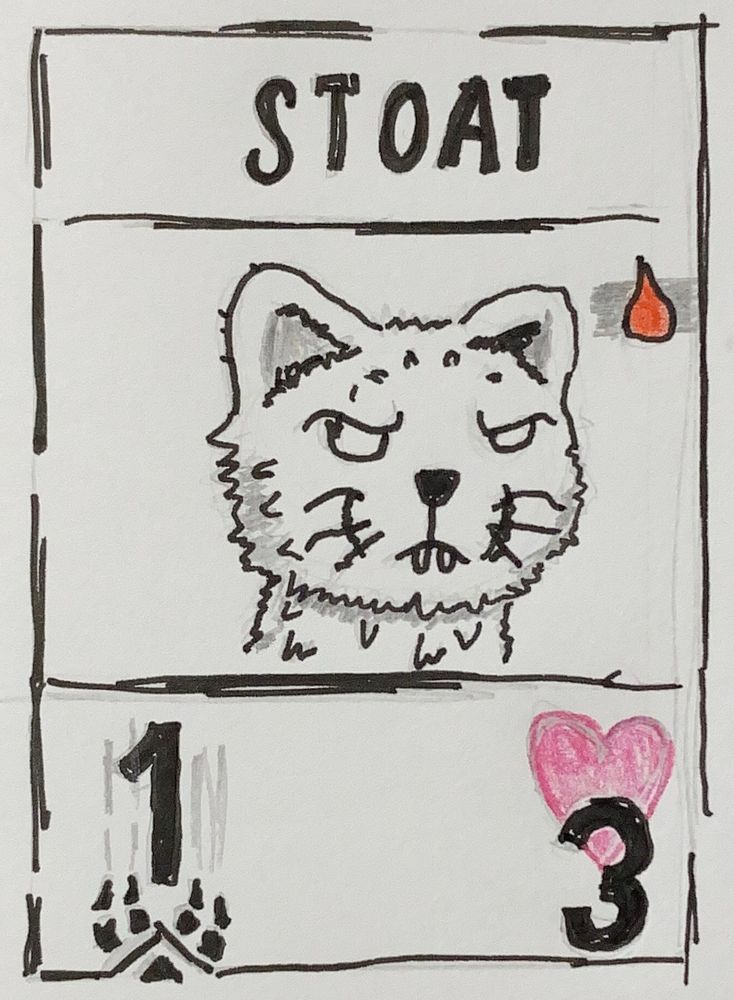 A sketch of the card "Stoat" from Inscryption. He has 1 attack and 3 health, and costs 1 blood to summon. The Stoat has a menacing countenance.