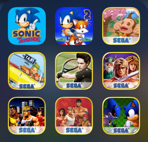 iOS app icons for various SEGA games: Sonic, Crazy Taxi, Golden Axe, Streets of Rage