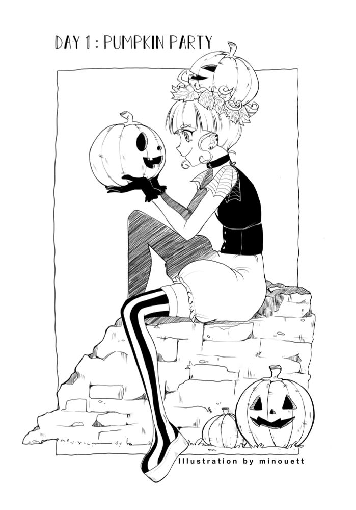 Day 1: Pumpkin Party. Stella is holding a pumpkin while sitting on a brick wall. More pumpkins lay on the ground.
