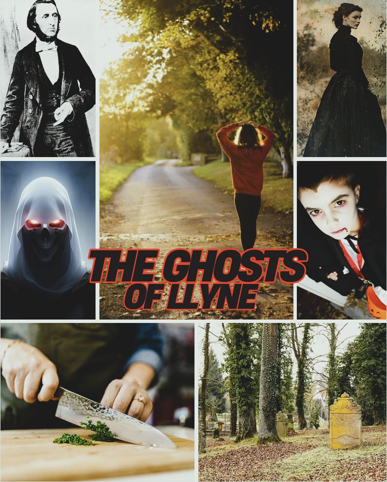 Teen in red jumper walking country path, graveyard, young vampire, spooky face ghost, adult chopping herbs, Victorian male and female