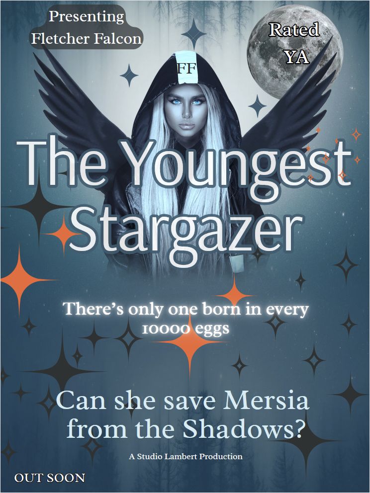 Girl with wings. Blue background. Stars. Grey planet